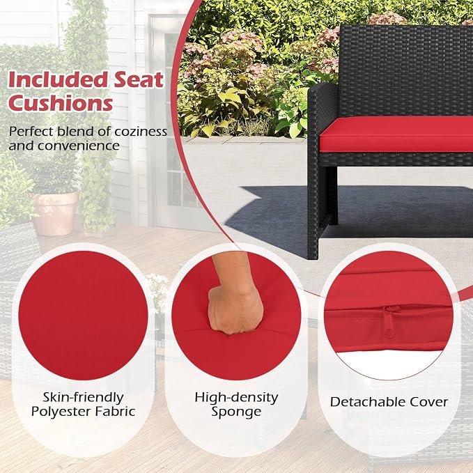 RELAX4LIFE 4-Piece Patio Furniture Set - Wicker Rattan Outdoor Sectional Sofa Set w/Glass Coffee Table, Loveseat, 2 Chairs & Soft Cushions, Bistro Conversation for Garden Porch (1, Black-Red)