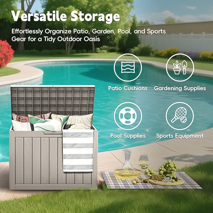 50 Gallon Outdoor Deck Box - Lockable Waterproof Storage Container, Resin Weatherproof Box for Patio Garden Furniture Pool Tools Cushions, Grey