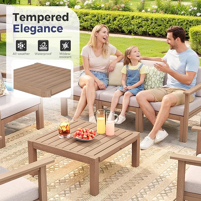 Modular Outdoor Patio Furniture Coffee Table, HIPS All-Weather Outdoor Sectional Sofa Table, Side Interlock for Expansion, Patio Side Table for Backyard, Balcony, Deck (Teak)