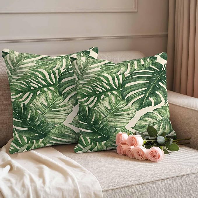 Green Tropical Leaves Waterproof Outdoor Pillow Covers Set of 2 Home Decor, Farmhouse Summer Leaf Plants Pillowcase Patio Pillow Covers for Couch Bench Furniture Garden 18x18in