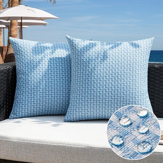 Kevin Textile Outdoor Waterproof 18"x18" Pillow Covers 2 Pack, Light Blue | Water Resistant Weaving Faux Linen Texture Throw Pillow Covers, Outside Decorative Pillowcases for Garden Patio Balcony Couch
