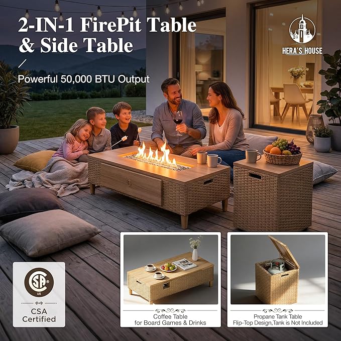 HERA'S HOUSE Patio Furniture Set, 4 x Cushioned Chairs, 3-Seat Sofa with Wood Grain Coffee Table, 5 Seats Luxury Windsor Style All Weahter Outdoor Sofa Conversation Set for Deck Lawn Backyard