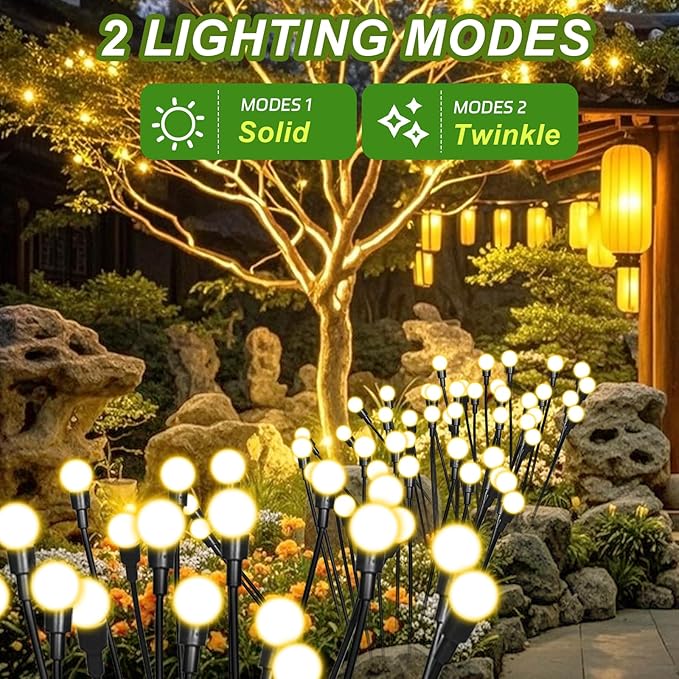 4 Packs Solar Firefly Lights, 32 LED Warm Solar Walkway Lights Outdoor, Waterproof Swaying Light Garden Decor with 2 Modes, Lawn Lights for Front Yard Backyard Yard and Pathway