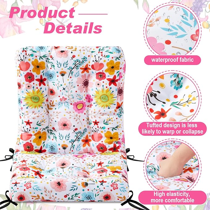 Hoteam 4 Set Outdoor Patio Chair Cushions 20 x 42 in Deep Seat Waterproof Patio Cushions Set for Furniture Replacement Removable Seat and Back (Watercolor Flowers)