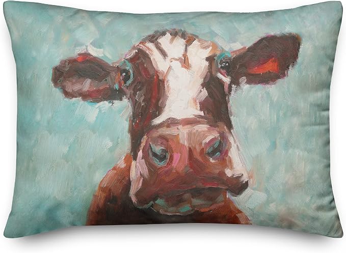 Teal Painted Cow Indoor/Outdoor Pillow | Decorative Pillows for Living Room Couch Bed Sofa Patio, Fluffy Soft Cushion | Water Resistant Multi, 14x20