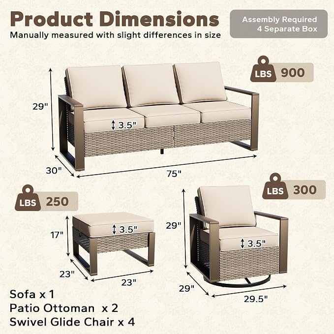 7 Pieces Metal Wicker Patio Furniture Set - 75" Sofa, Four Swivel Chairs and Two Ottomans, All Weather Rattan Outdoor Conversation Furniture with Washable Cushion for Deck Porch, Beige
