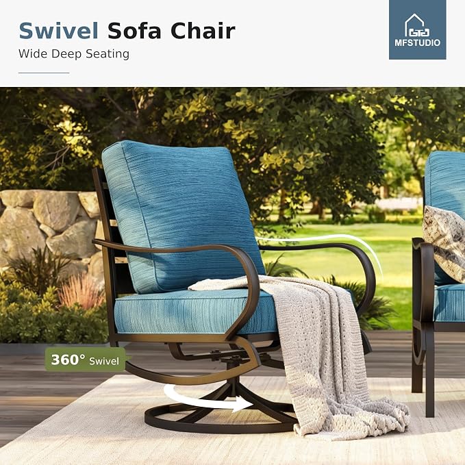 MFSTUDIO 5 Pieces Patio Conversation Sets,Outdoor Metal Furniture Sofas with 1 x 3-Seat Sofa, 2 x Swivel Chairs,2 x Ottoman,Wrought Iron Frame with Peacock Blue Cushion for Patio Courtyard Balcony