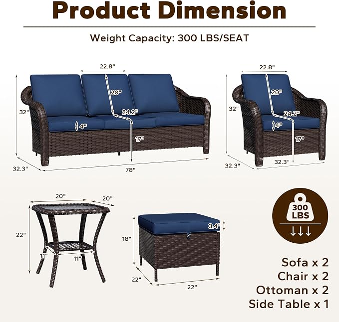 7 Piece Patio Wicker Conversation Set, 2 All-Weather Use Outdoor Wicker Sofa with 2 PE Rattan Ottomans,2 Chair, 1 Side Table, Ideal for Porch, Backyard, Balcony, Poolside, Blue