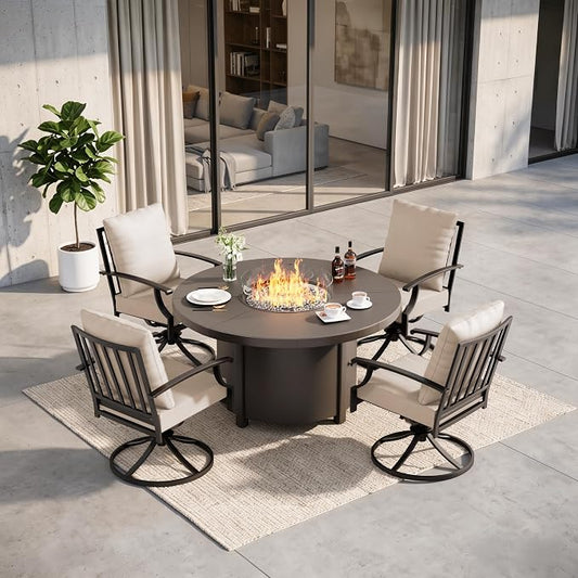 5 Pieces Outdoor Patio Furniture Set with 48" 55000 BTU Round Propane Fire Pit Table,Patio Dining Set Outdoor Conversation Sets 4 Swivel Chairs for Deck,Backyard and Garden,Brown