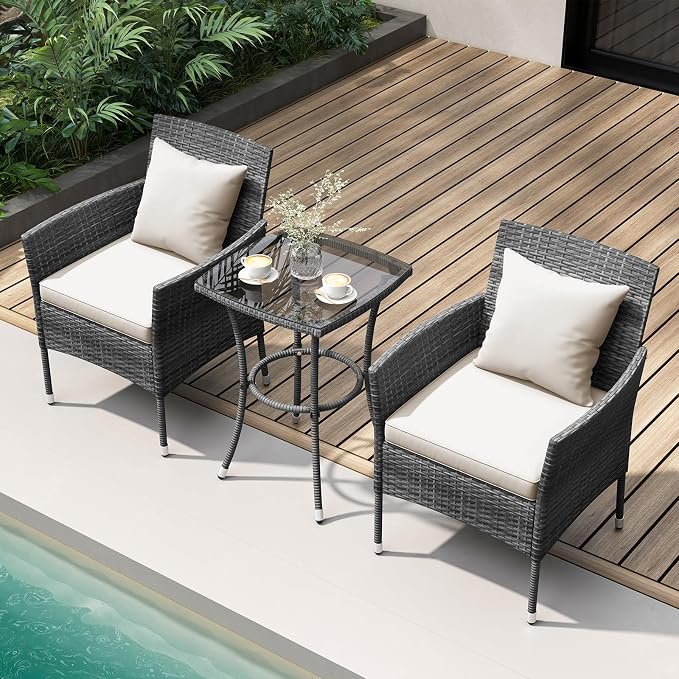 Tangkula 3 Piece Furniture Wicker Rattan Outdoor Patio Set, Grey