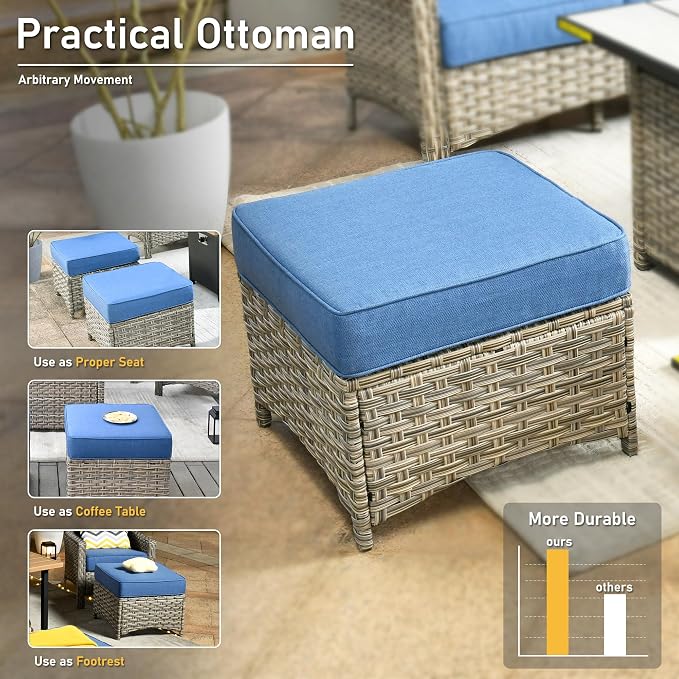 HOOOWOOO 9 Piece Patio Furniture Conversation Sets with Swivel Rocking Chairs,Outdoor Wicker Furniture with Ottoman,All Weather Resistant High Back Rattan Conversational Set(Diamond Blue)