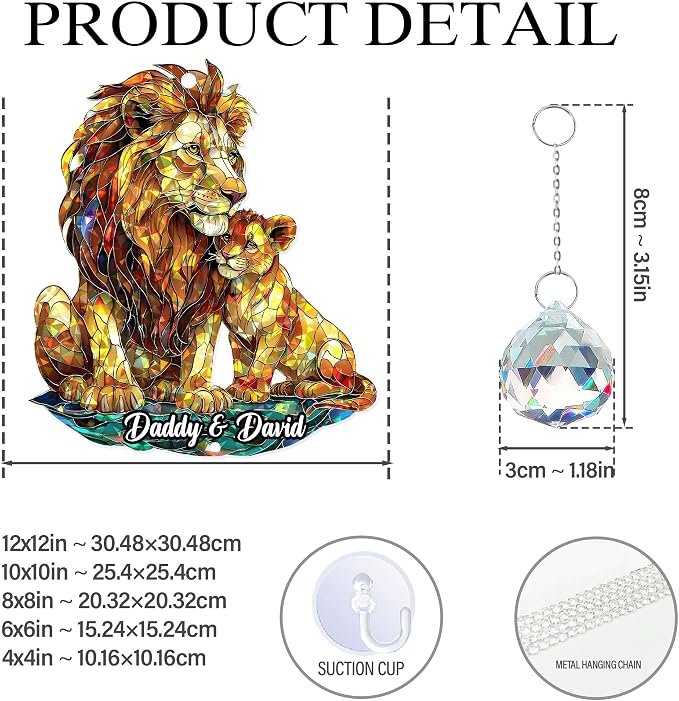 Personalized Lion and Cub Holographic Acrylic Window Hanging Suncatcher Animal Art Decor Gift for Dad Wildlife Lover, Heartfelt Father's Day, Birthday Gift (Lion Dad)
