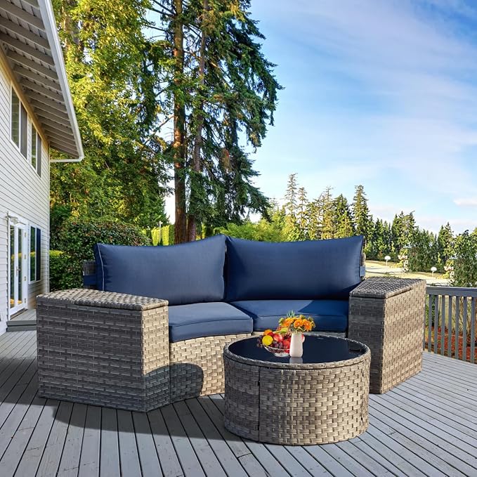 ECOTOUGE Outdoor Patio Furniture, 5 Piece Half-Moon Sectional Round Patio Set, Wicker Lazy Outdoor Sofa Set with Storage Side Table & Coffee Table for Pool Backyard Patio Garden(Blue)