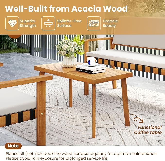 Tangkula 8 Pieces Wood Patio Furniture Set, Outdoor Acacia Wood Cuhioned Conversation Set with Coffee Table, for Backyard,Porch,Garden,Lawn
