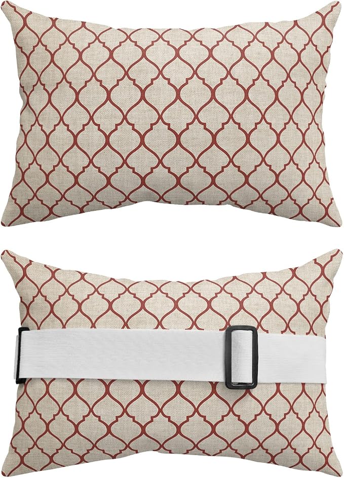 Outdoor Pillows Covers with Inserts Rustic Moroccan Geometric Quatrefoil Red Lattice Waterproof Pillow with Adjustable Strap Throw Pillows for Patio Furniture Recliner Lounge Chair, 12x20 inch, 2PCS