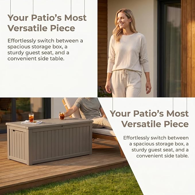 270 Gallon Extra Large Deck Box Outdoor, Resin Storage Box Outdoor Waterproof, Lockable Garden Storage Bench, Holds Patio Furniture, Pool Supplies & Equipment, Hydraulic Rod, UV-Proof, Gray Brown