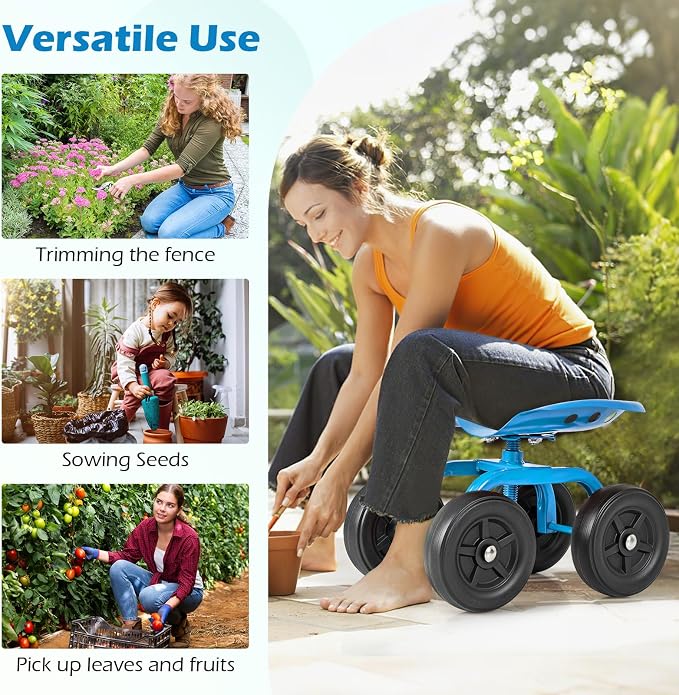 Garden Cart with Seat, Heavy-Duty Rolling Outdoor Wagon Scooter w/Height Adjustable & 360° Swivel Seat, Gardening Work Seat Stool, Patio Scooter on Wheels for Lawn Yard Planting (Blue)