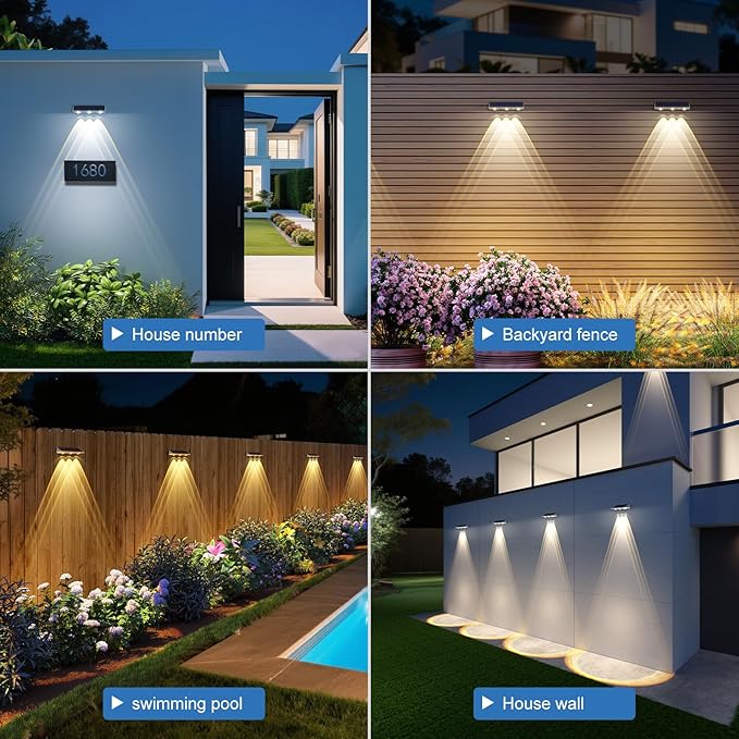 Yilaie Solar Fence Lights Outdoor-IP67 Waterproof 3000K/4500K/6500K,High Brightness LED Fence Lights Solar Powered,Solar Wall Light for Outside Backyard/Railing/Step/Patio/Stair Railings/Pool （4 Pack）