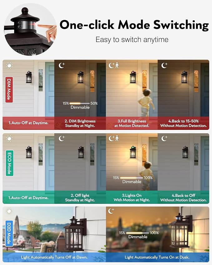 Motion Sensor Outdoor Wall Light, Oil Rubbed Bronze Dawn to Dusk Outdoor Light Fixture, Aluminium Anti-Rust Porch Lights Wall Mount, Outside Lights for House Garage Patio Entry Front Door