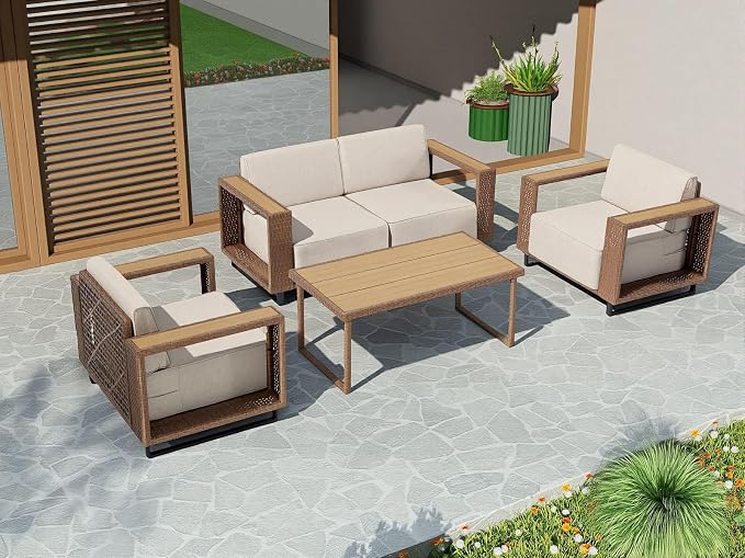 MOCHITO 5 Pieces Outdoor Patio Furniture Sets, All-Weather Sectional Sofa PE Rattan Wicker Conversation Set, Outdoor Patio sectional for Poolside, Porch, Lawn, Garden, Balcony(Beige)