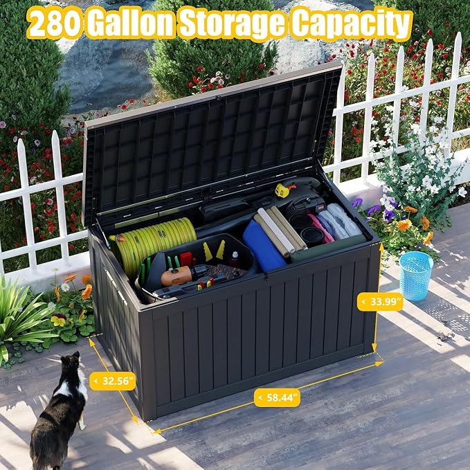 Vixzen 280 Gallon Deck Boxes Outdoor Waterproof, Lockable Storage Box for Patio Cushions Storage Furniture, Garden Tools, Pool Supplies, Weatherproof and UV Resistant (Black, 280 Gallon)