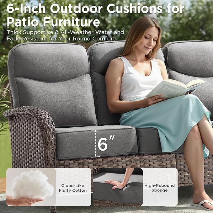 3 Pieces Luxury Patio Furniture Sofa Set with 6-Inch Thick Cushions, Outdoor Wicker Patio Furniture Covered Couch with Multifunctional Ottoman, Patio Conversation Set for Porch Garden, Grey
