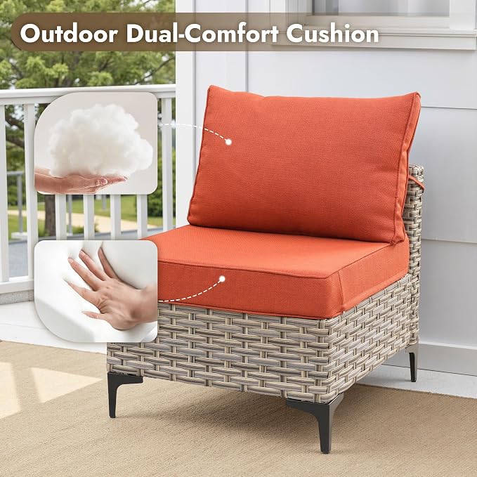 6 Pieces Patio Furniture Set with 42" Fire Pit, All-Weather Rattan Outdoor Sectional Conversation Sets L Shaped Sofas with Solar Light Coffee Table for Porch Balcony,Coarse Stripes Red