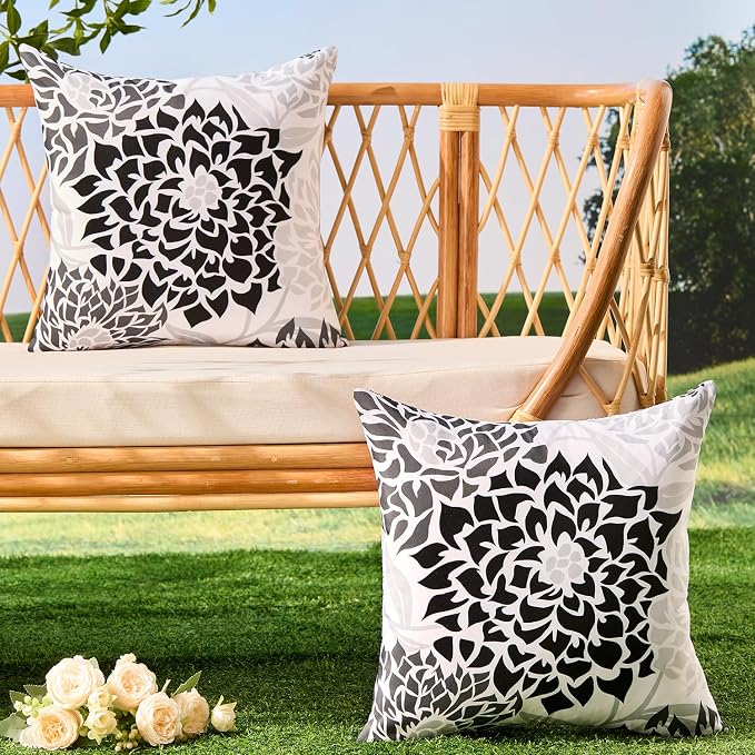 Allorry Outdoor Pillow Covers 18x18 Set of 2 Black Gray Flower Pattern Decoration Throw Pillow Covers for Spring Summer Outdoor Waterproof Furniture Garden Patio Sofa Bedroom Home Decor JB011-B18