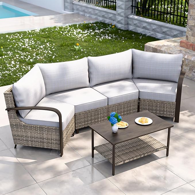 COOS BAY Aurora Terrace 4 Piece Outdoor Sectional Furniture Set, Half Moon Rattan Wicker Conversation Set with 4 Seat Sofa & Coffee Table for Patio Garden Yard, Beige/Beige