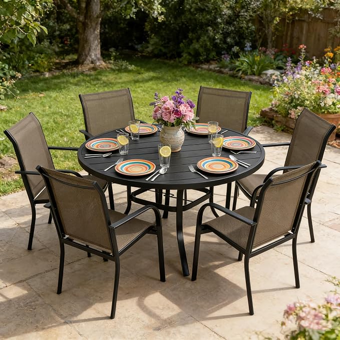 SUNCROWN 7 - Piece Outdoor Dining Set, Patio Furniture Set with 6 x Textilene Dinning Chairs and 53" Metal Round Table with Umbrella Hole for Lawn Garden Backyard Deck, Brown