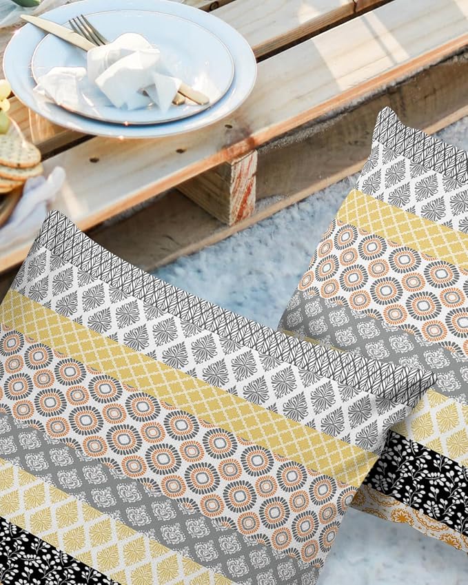 Outdoor Waterproof Throw Pillow Covers Set of 2 Yellow Boho Stripe Tribal Vingtage Lumbar Pillowcases 24x24 Inches Bohemian Style Decorative Pillows Cushion Case Patio Pillows for Couch Bed Garden