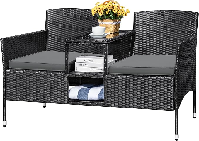 Devoko Outdoor Patio Loveseat Modern Rattan 2-Seat Patio Conversation Set with Cushions & Built-in Coffee Table Porch Furniture for Garden Lawn Backyard (Grey)