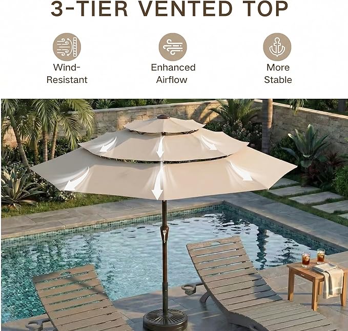 Kingdura 9ft 3-Tier Patio Umbrella, Outdoor Table Umbrella with Easy Crank & Tilt, 8 Reinforced Ribs, UV Protection for Deck, Pool, Market, Backyard (Beige)