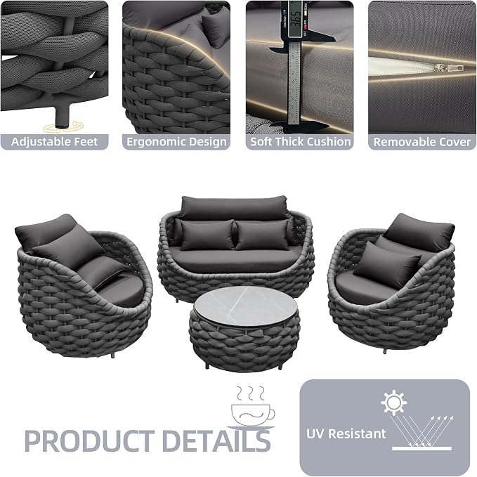 TWT 5 Pieces Patio Furniture Set, Outdoor Rope Conversation Sectional Patio Sofa with 5 Seater for Backyard, Porch, Modern Armchairs with Thickness Cushions and Side Table, Dark Grey