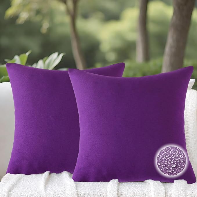 Outdoor Throw Pillows with Inserts, Waterproof Pillows for Outdoor Seating, Square Decorative Garden Cushion for Patio Furniture, Bed, Couch, Sofa(Purple, 18" x 18" (Pack of 2))