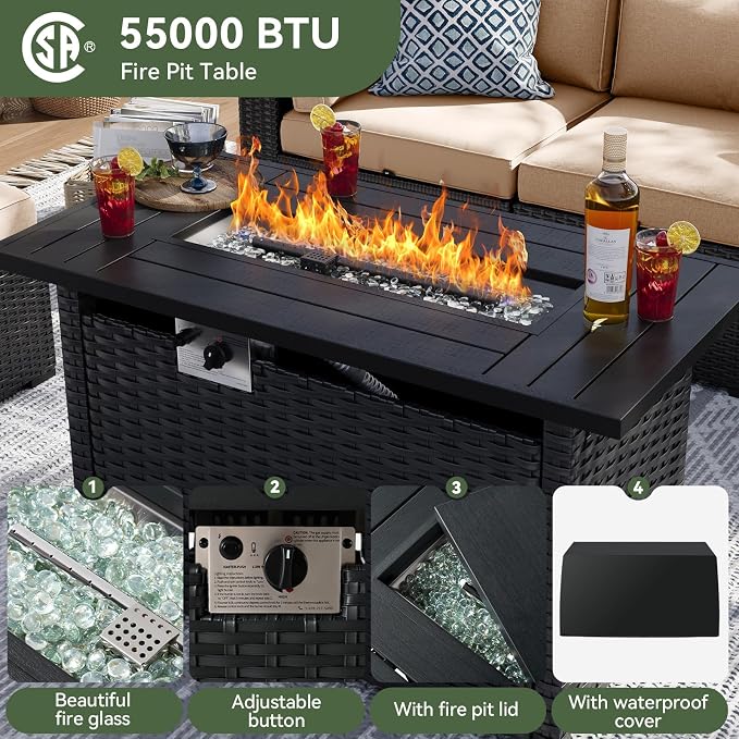 Aoxun 8 Piece Patio Furniture Set with 44” Fire Pit Table Wicker Patio Sectional Sofa Set Outdoor Seating Furniture with Thickened Cushion, Beige
