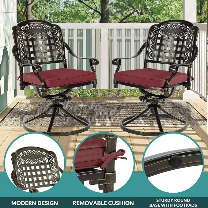 MEETWARM 9-Piece Outdoor Patio Dining Set for 8, All Weather Cast Aluminum Patio Funiture Table and Chairs Set- Large 64" Square Table and 2 Swivel Rocker Chairs, 6 Stationary for Garden, Red