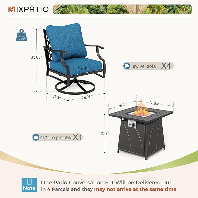MIXPATIO Patio Furniture Set with Fire Pit Table, 5 Pcs Metal Outdoor Conversation Set, 4 Swivel Chairs with 5.75" Extra Thick Cushion and 28" Fire Pit Table for Backyard Deck, Green Blue