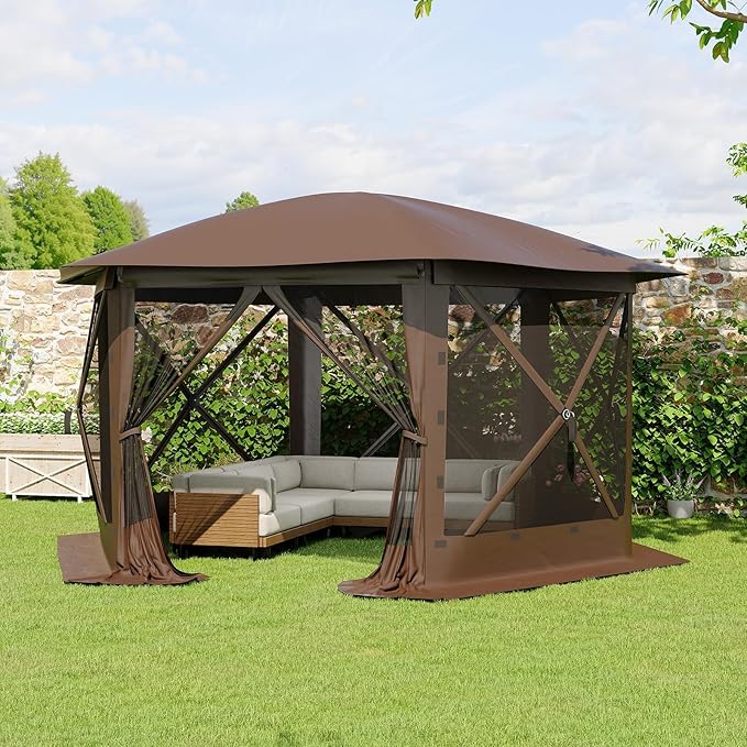 GarveeLife 13x13FT 6-Sided Pop Up Canopy Tent，One-Push Setup Canopy Tent with Removable Canopy Top & Wind Cloths, Outdoor shelter for Camping, Backyard Parties, Outdoor Events - Beige & Khaki