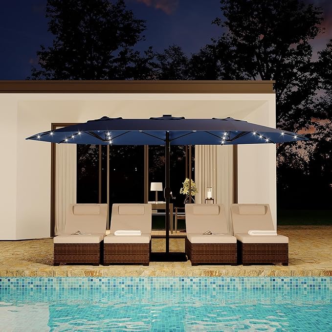 Garvee 15FT Rectangular Outdoor Umbrella Patio Umbrella with Solar Lights & Base Included Large Market Umbrellas with Crank Handle UV Protection Table Umbrellas for Outdoor, Backyard, Deck, Navy Blue