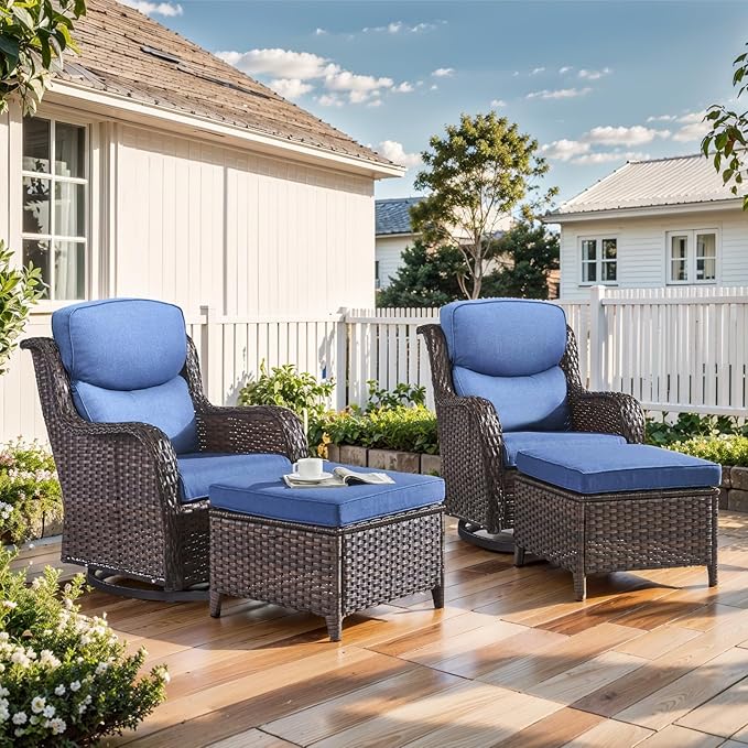 Outdoor Swivel Rocker Patio Chairs with 2 Ottomans - 5" Thick Cushion 4 Piece Furniture Set All Weather Comfortable Wicker Conversation Set for Porch Poolside and Deck - Brown-Blue