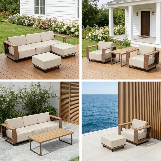 MOCHITO 5 Pieces Outdoor Patio Furniture Sets, All-Weather Sectional Sofa PE Rattan Wicker Conversation Set, Outdoor Patio sectional for Poolside, Porch, Lawn, Garden, Balcony(Beige)