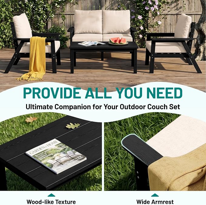 PLUUV 5-Piece HDPE Patio Furniture Set, Outdoor Sectional Conversation Set with Thick Washable Cushions & Coffee Table, All-Weather Modular Couch, Black Frame with Khaki Cushion