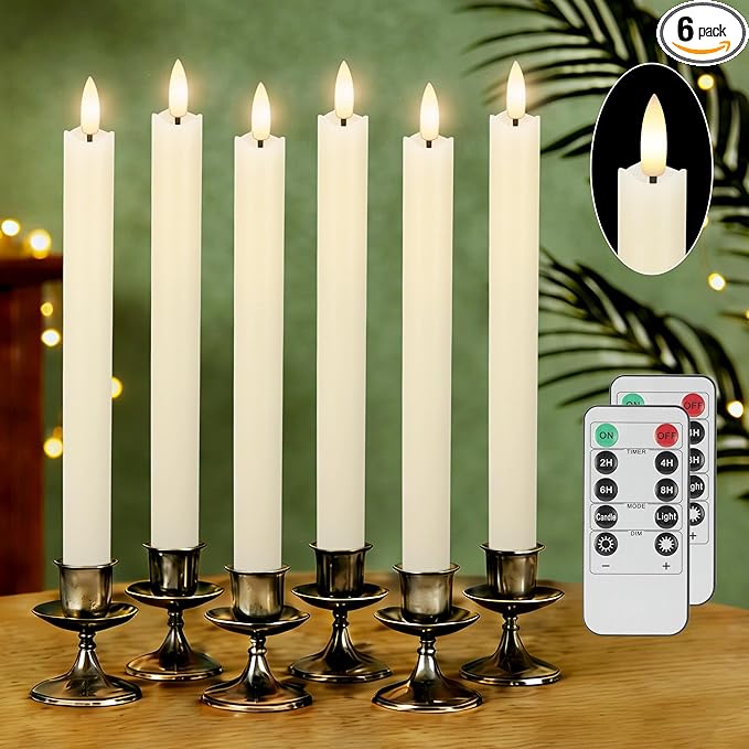 JOIONE Flameless Taper Candles with Remote Timer, 6Pack Battery Operated Real Wax Flickering Flame, Fake Electric LED Candles Warm Light for Mother's Day Christmas-White