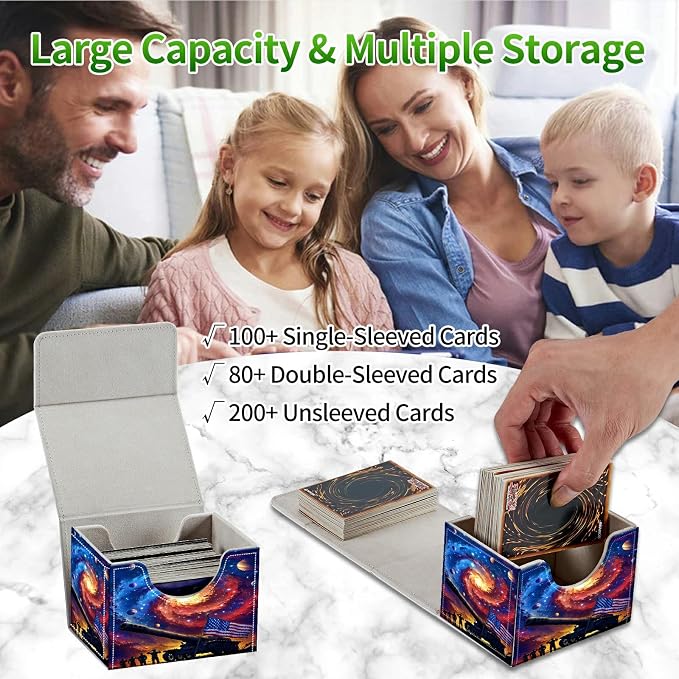 Card Deck Box for MTG, Cards Storage Box Fits 120+ Sleeved, Leather Small Size Strong Magnetic Closing Card Case for Board Games Magic TCG CCG Baseball Collection, Starry Sky Flag