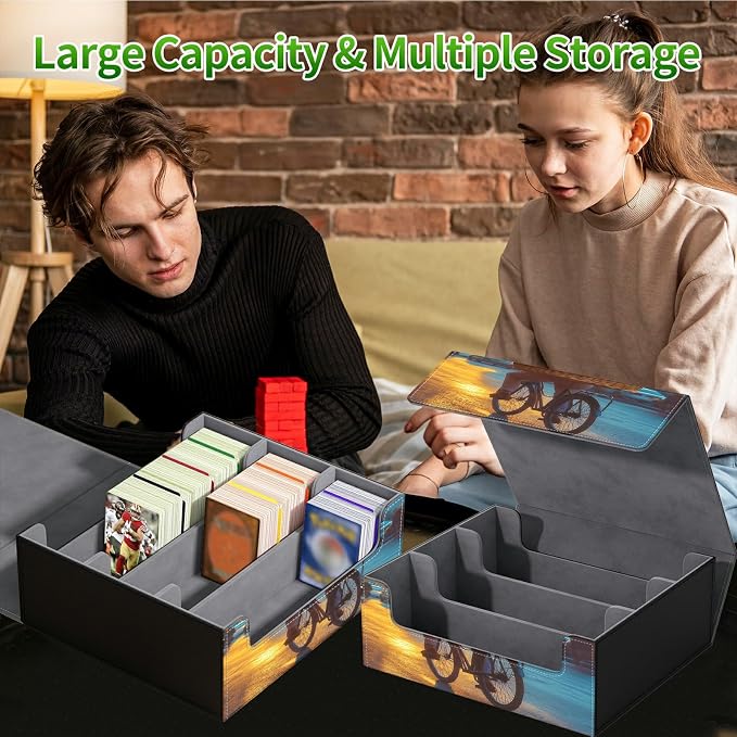 Large Card Deck Box for MTG, Fits 1200+ Sleeved Cards, PU Leather Storage Case with Strong Magnetic Closure, Multiple Colors Available for TCG CCG Baseball Card Collections, Flower Bike