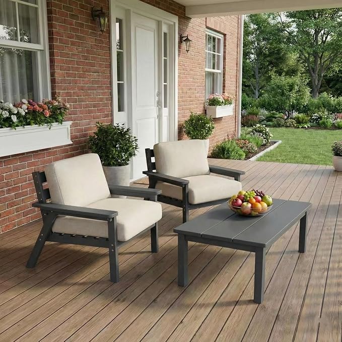 Kingdura HDPE Patio Furniture Set, 3 Piece Outdoor Sectional Sofa with Coffee Table, All Weather Outdoor Couch Conversation Set with Washable Cushions for Backyard Poolside Balcony