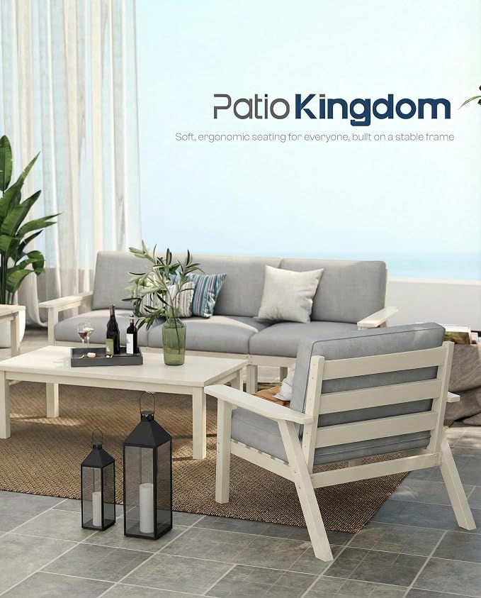 Patio Furniture Set 6 Seats, HDPE Outdoor Sectional with Gray Washable Thick Cushions, Coffee Table, Patio Conversation Sets for Lawn, Garden, Porch, Balcony, Deck (White Frame)