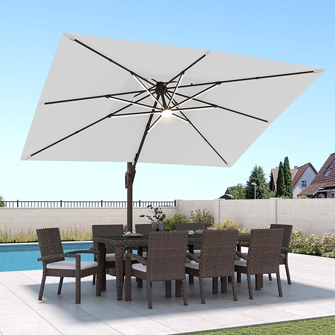 9 X 12 FT Cantilever Patio Umbrella with Led Lights Outdoor Heavy Duty Double Top Rectangle Offset Umbrellas with 360-degree Rotation for Pool Deck Backyard, Foggy Grey