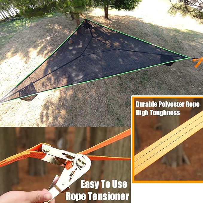 Triangle Hammock 13Ft Multi Person 3 Point Tree Hammock,Max 600LBs Extra Large Sky Camping Hammock for up to 2-4 Adults/Kids with 3 Ratchets/Straps/Net Pockets/Carabiners and Storage Bags-Black ﻿